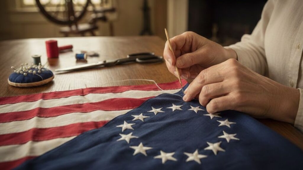 Réplica de la primera bandera de Estados Unidos con 13 estrellas en círculo cocida por Betsy Ross