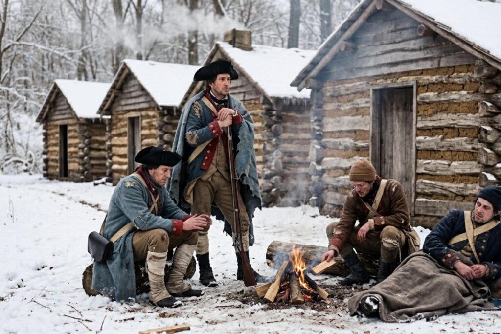 Soldados en valley Forge con frio alrededor de una fogata. Al fondo las cabañas.