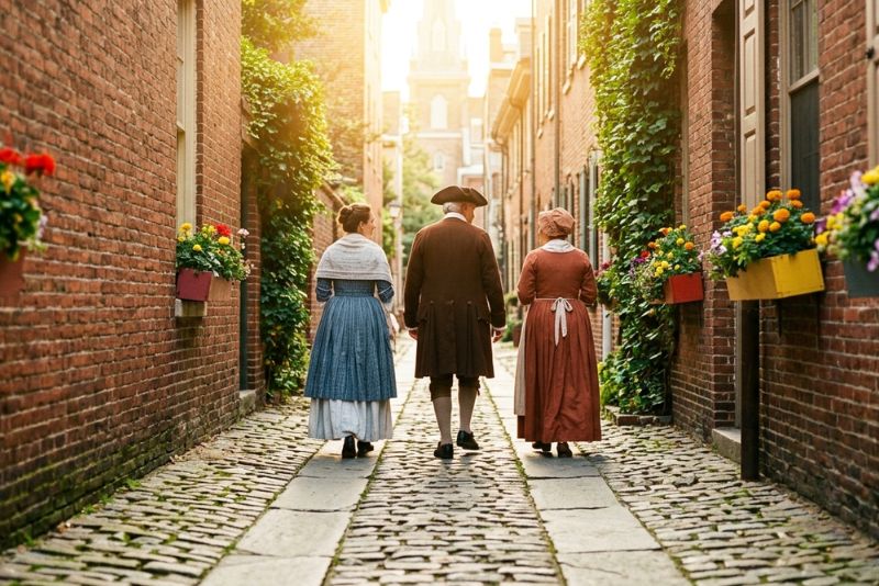 Persnajes de la epoca colonial caminando por una calle de Philadelphia