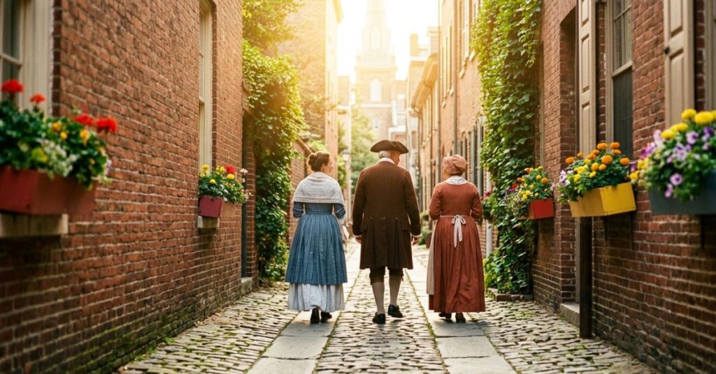 Tres personas de la época colonial caminando en una calle de Philadelphia